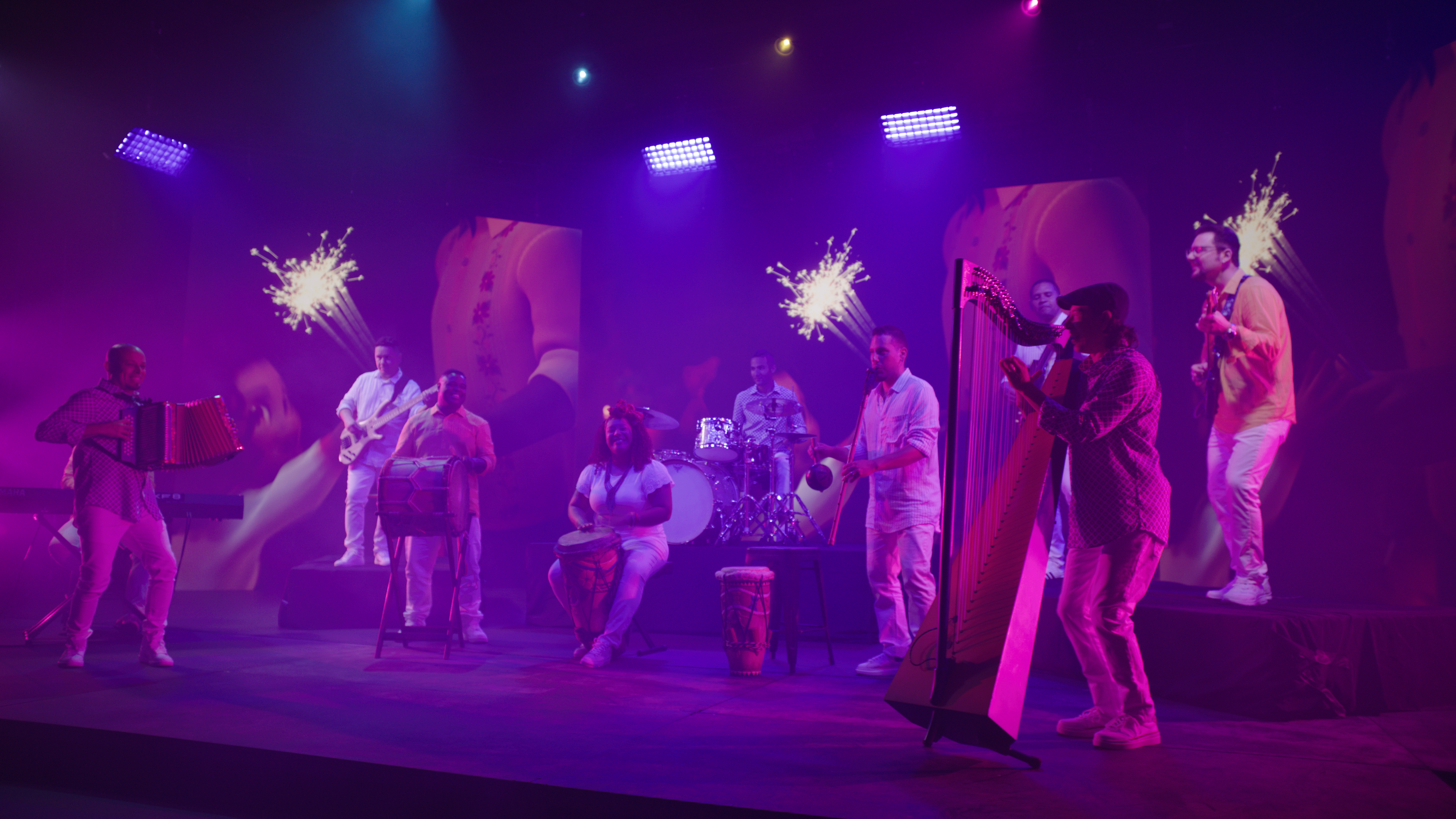 Band playing on stage in front of Disney's 