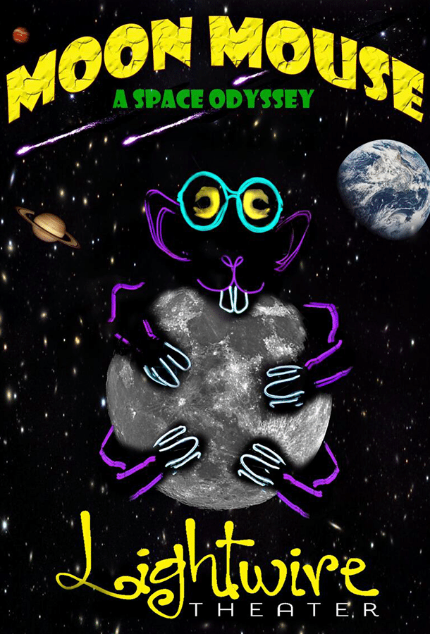 Moon Mouse A Space Odyssey Lightwire Theater artistic rendering. Mouse hugging Moon.