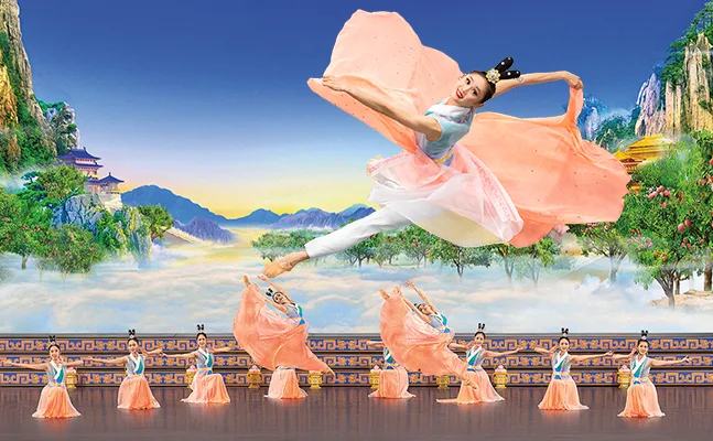 Artistic rendering of Shen Yun dancers hi-kicking and twirling pink ribbons in China.