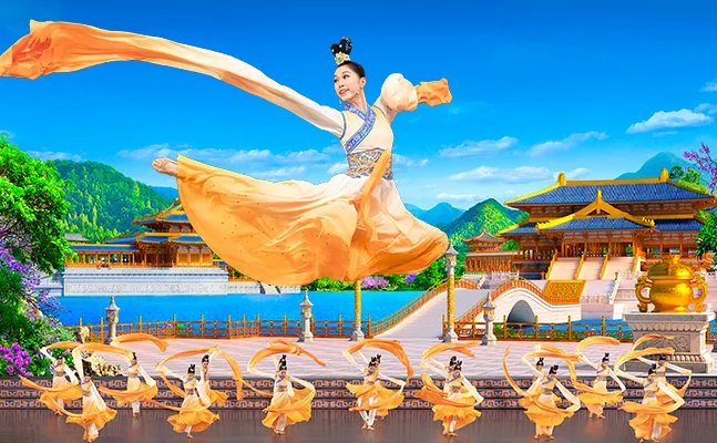 Artistic rendering of Shen Yun dancers hi-kicking and twirling yellow ribbons in China.