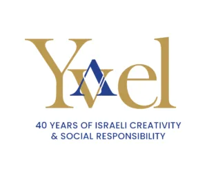 "Yvel" logo in gold font featuring the star of David as the letter "v" with "40 years of Israeli Creativity & Social Responsibility" in blue text.